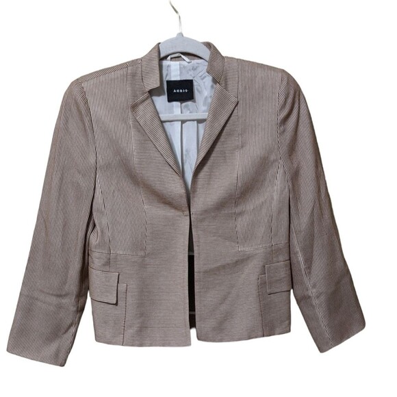 Akris cotton silk blend notched lapel seersucker blazer tan white 6 US